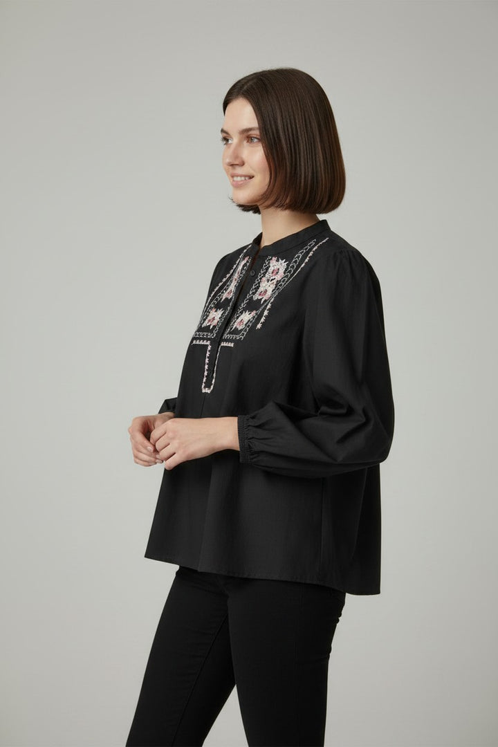 Floral Embroidery Mandarin Collar Top