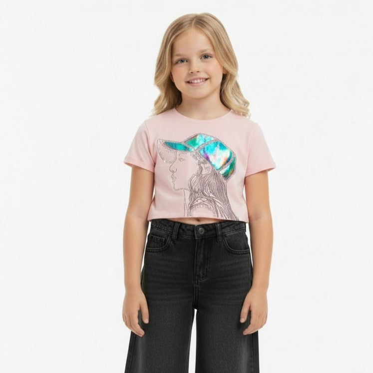 Girls Cool Cap Graphic Tee with Sequin Details