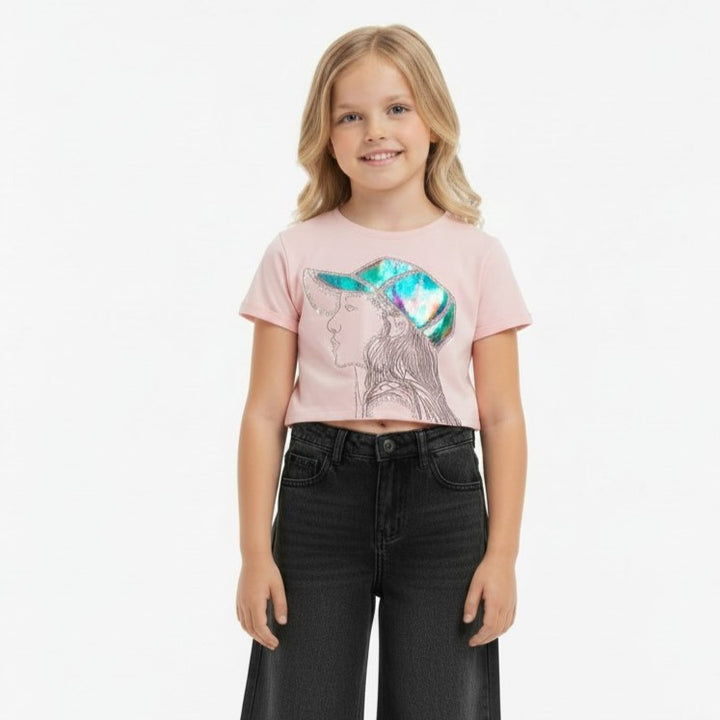 Girls Cool Cap Graphic Tee with Sequin Details