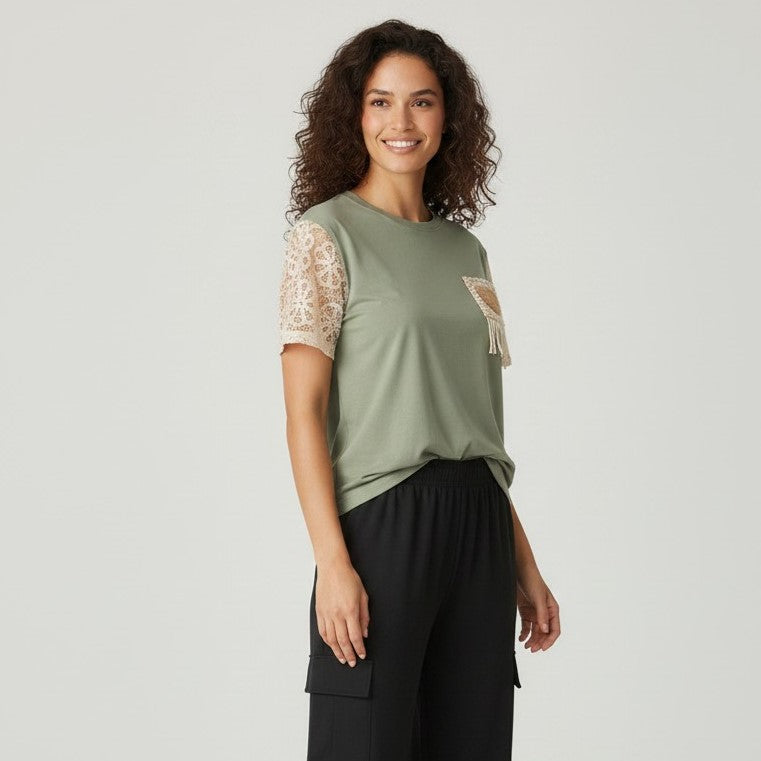 Heart Patch Crochet Sleeve T-Shirt