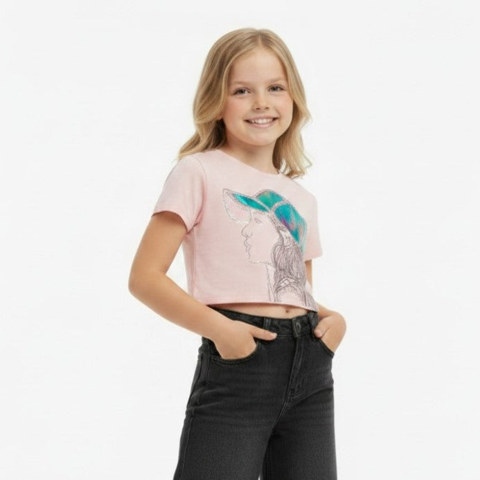 Girls Cool Cap Graphic Tee with Sequin Details