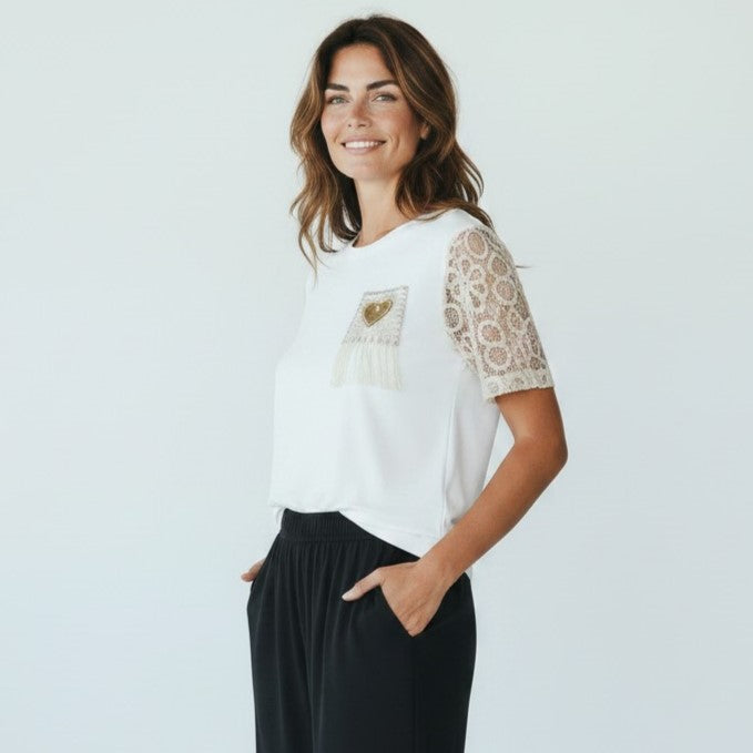 Heart Patch Crochet Sleeve T-Shirt