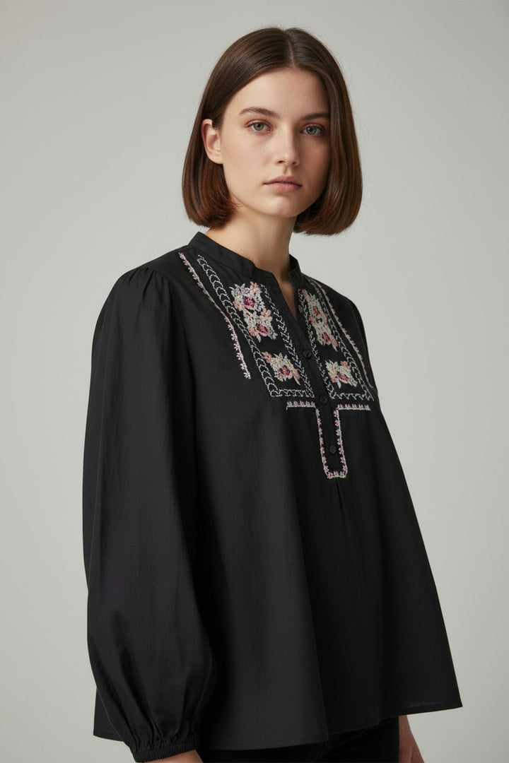 Floral Embroidery Mandarin Collar Top