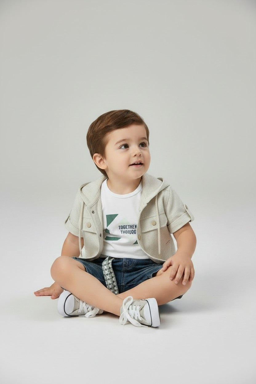 Toddler Boy Linen Short-Sleeve Hooded Jacket & Cargo Denim Shorts Set