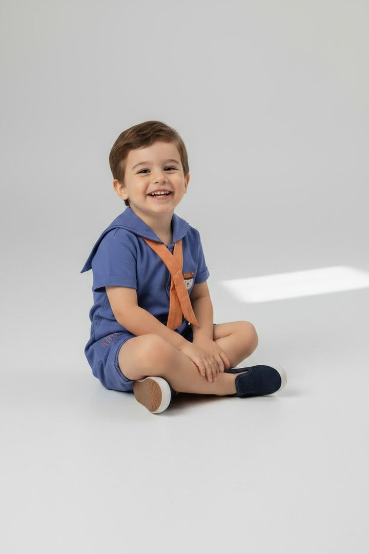 Little Captain's Sailor Collar Romper Set with Mock Scarf