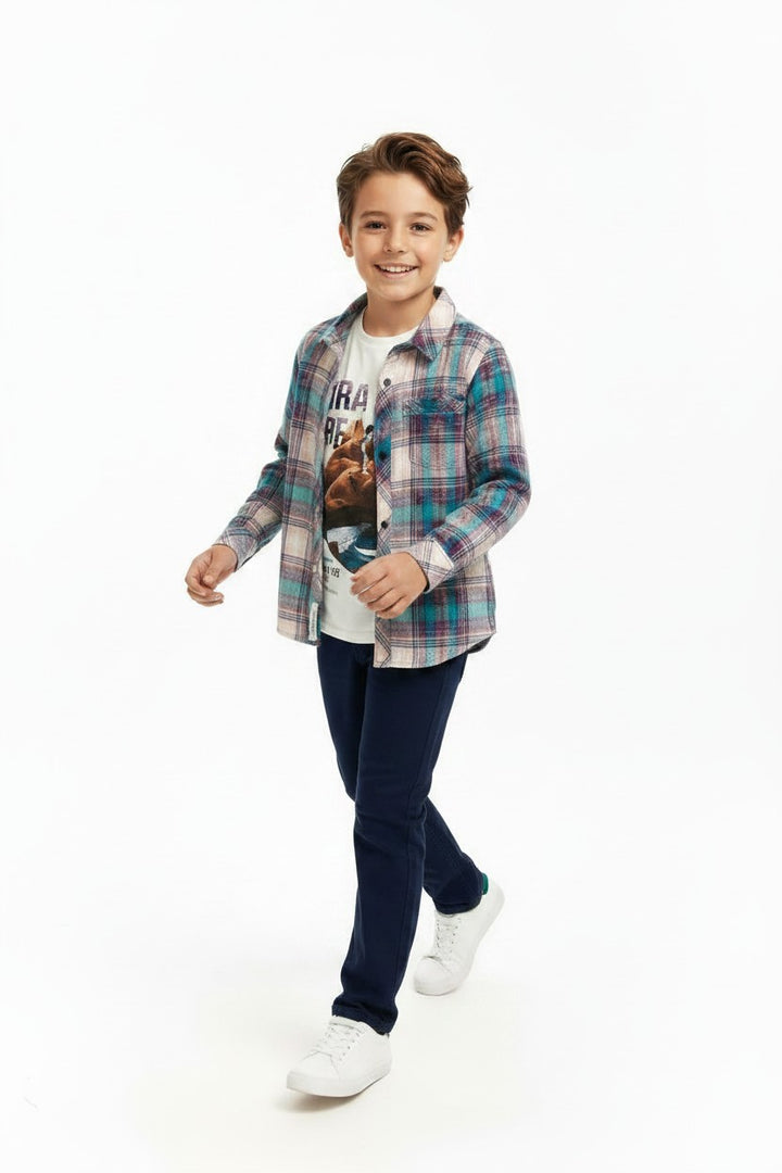 Boys' Casual Graphic Tee & Plaid Button-Down Shirt Set