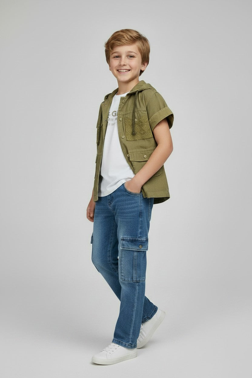 Boys' Hooded Utility Shacket & Cargo Denim Set
