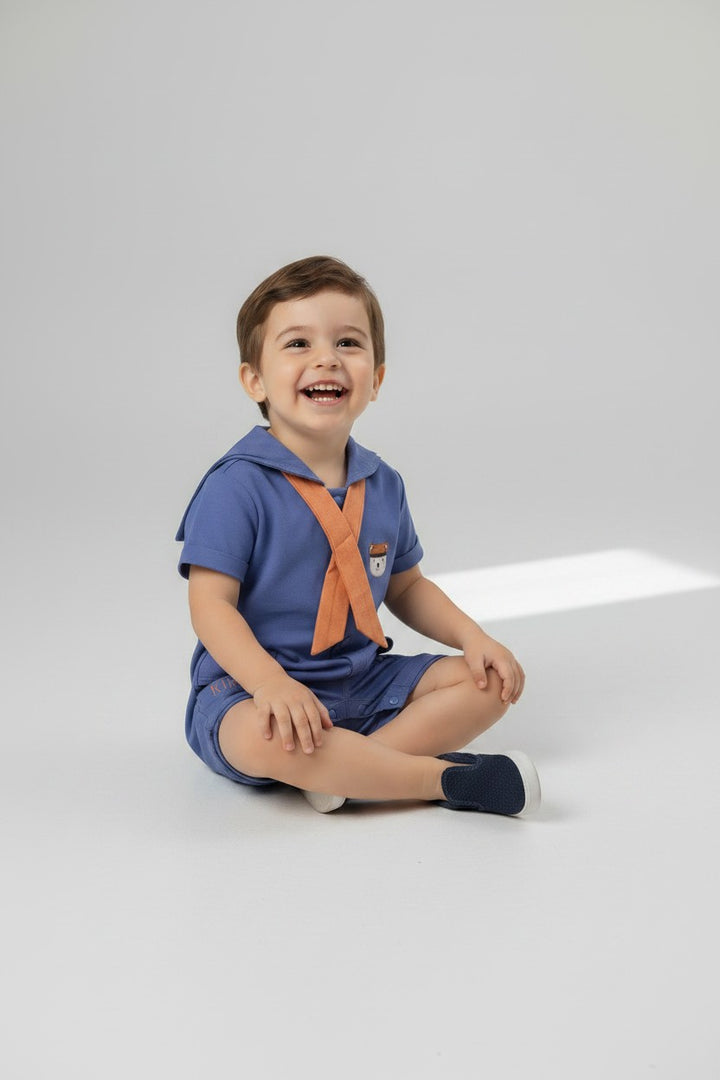 Little Captain's Sailor Collar Romper Set with Mock Scarf