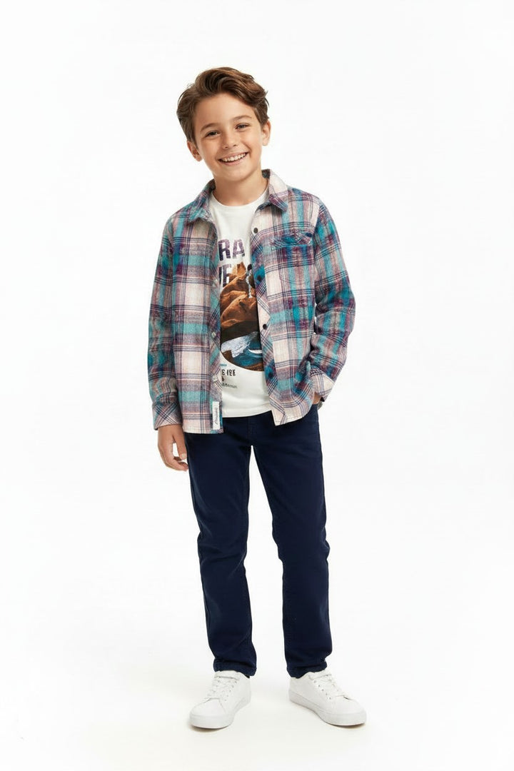 Boys' Casual Graphic Tee & Plaid Button-Down Shirt Set