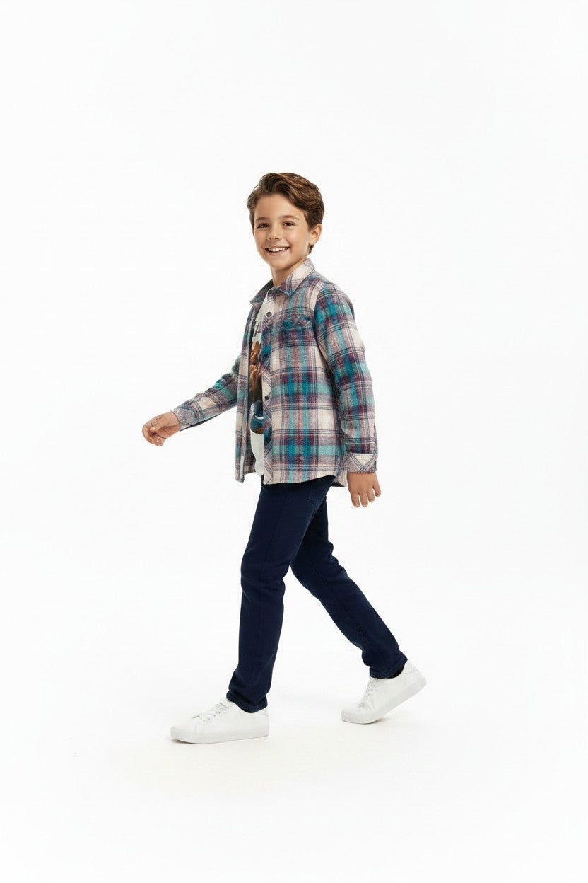 Boys' Casual Graphic Tee & Plaid Button-Down Shirt Set