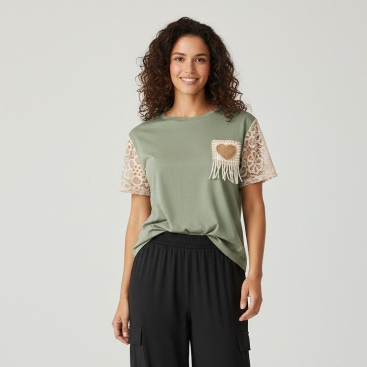 Heart Patch Crochet Sleeve T-Shirt