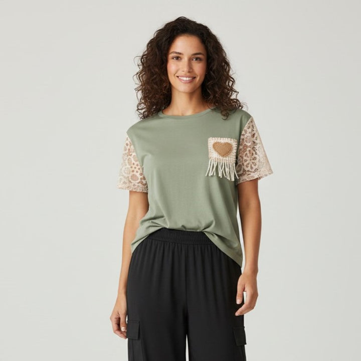 Heart Patch Crochet Sleeve T-Shirt