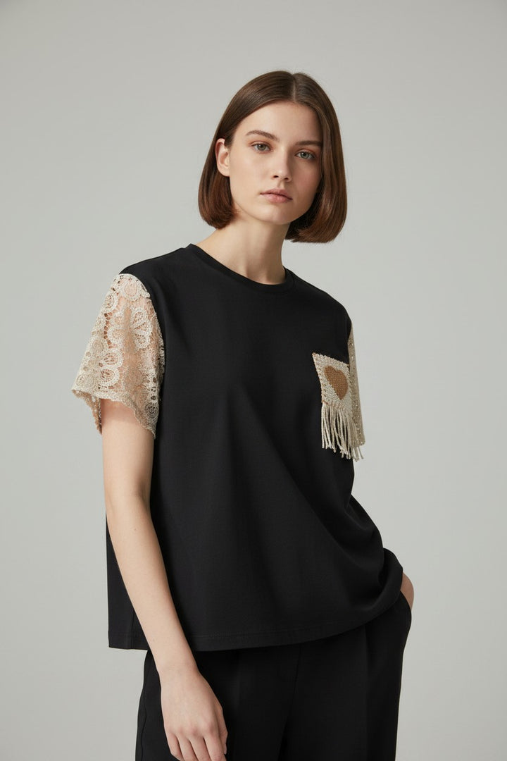Heart Patch Crochet Sleeve T-Shirt