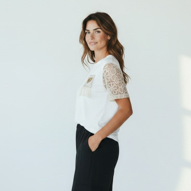 Heart Patch Crochet Sleeve T-Shirt