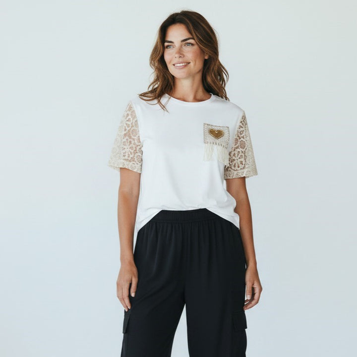 Heart Patch Crochet Sleeve T-Shirt