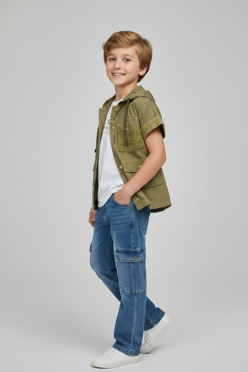 Boys' Hooded Utility Shacket & Cargo Denim Set