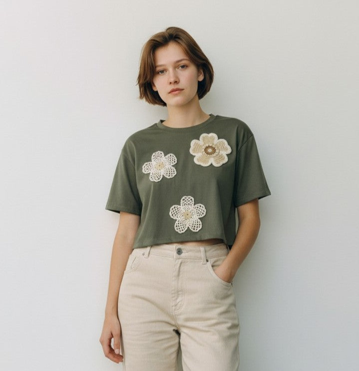 Crocheted Floral Appliqué Crop Top