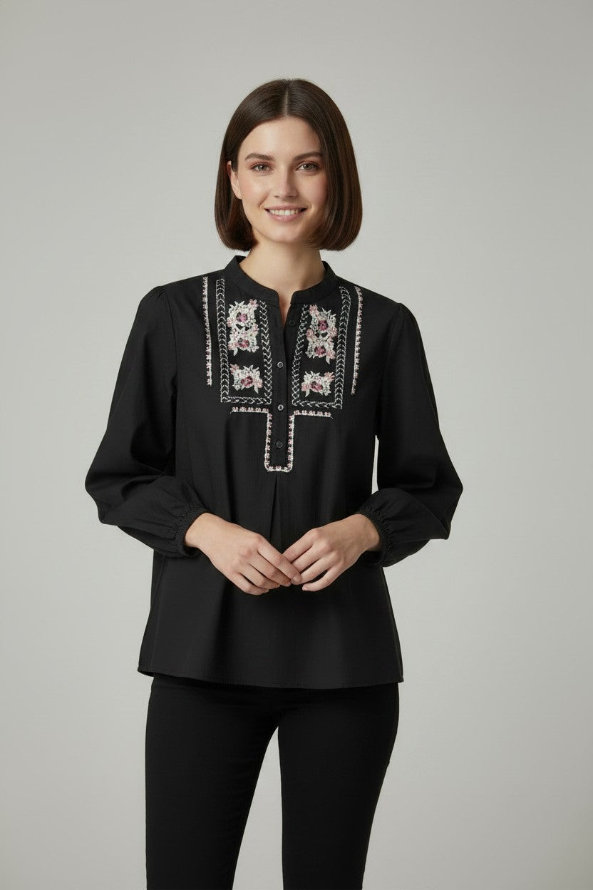 Floral Embroidery Mandarin Collar Top