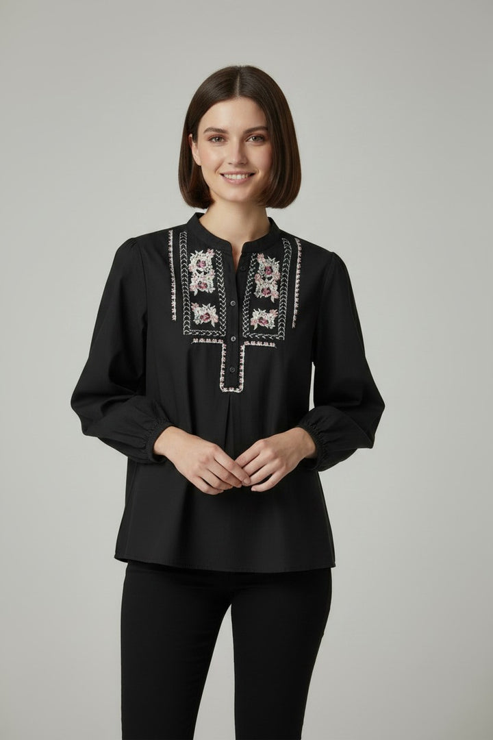Floral Embroidery Mandarin Collar Top