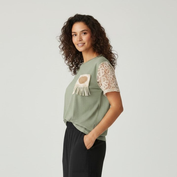 Heart Patch Crochet Sleeve T-Shirt