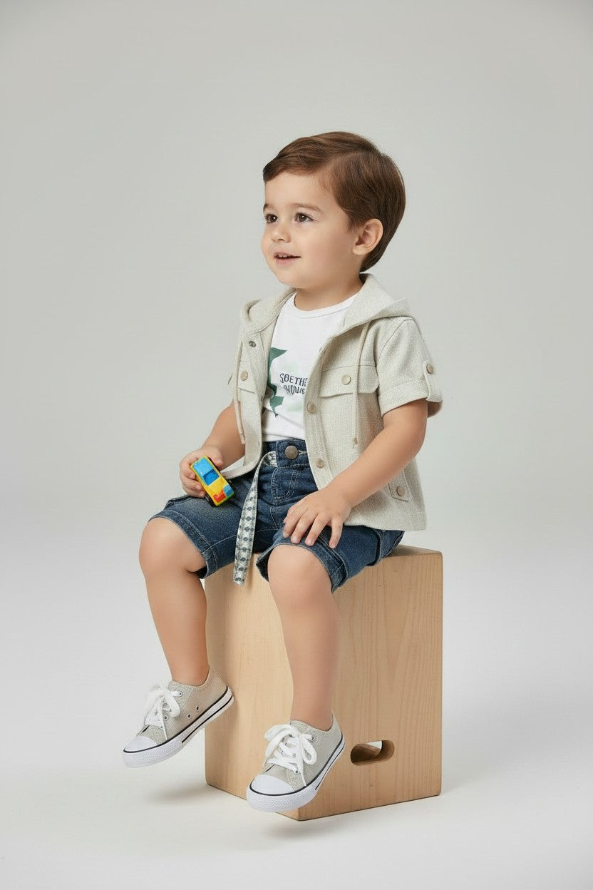Toddler Boy Linen Short-Sleeve Hooded Jacket & Cargo Denim Shorts Set