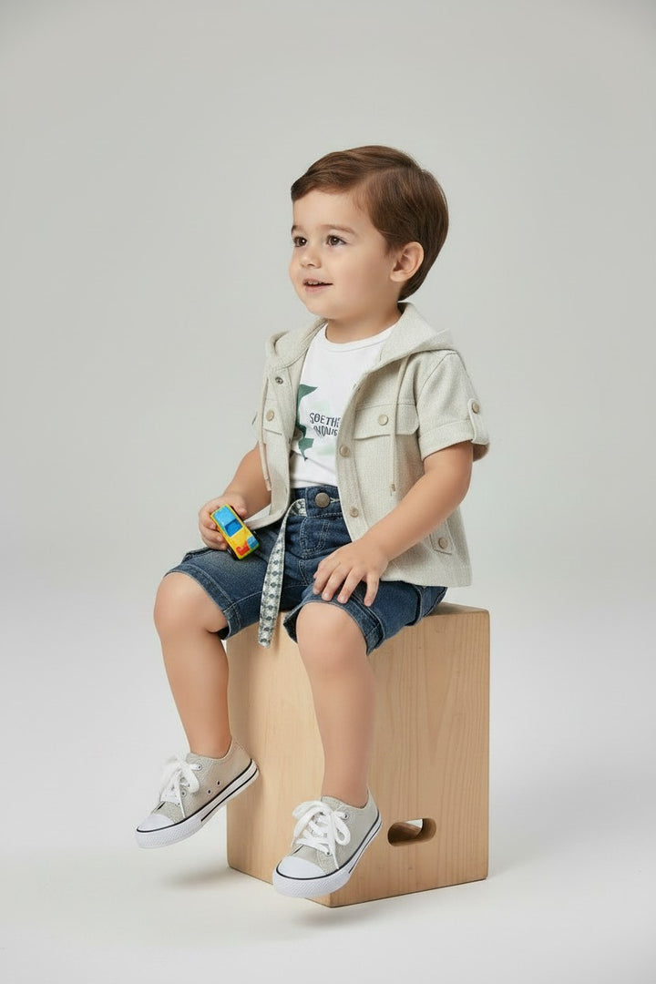 Toddler Boy Linen Short-Sleeve Hooded Jacket & Cargo Denim Shorts Set