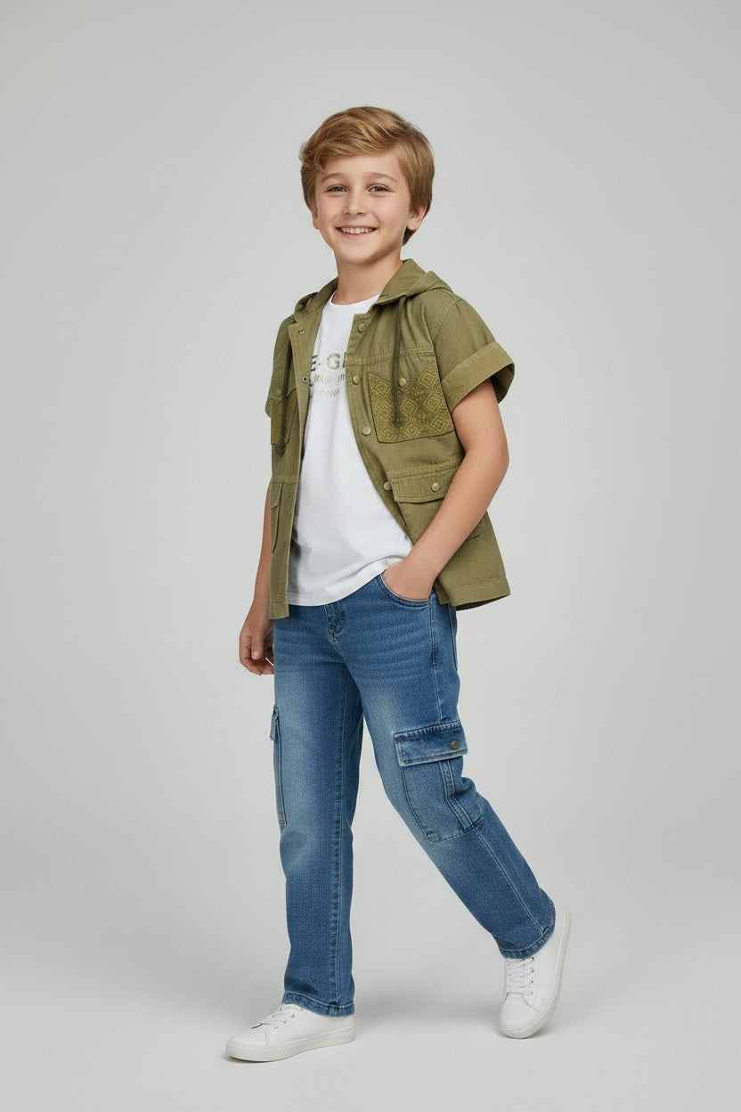Boys' Hooded Utility Shacket & Cargo Denim Set