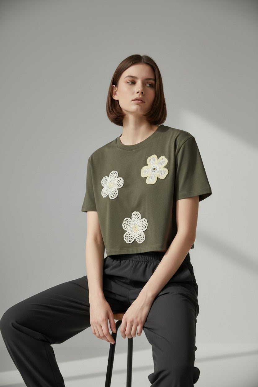 Crocheted Floral Appliqué Crop Top