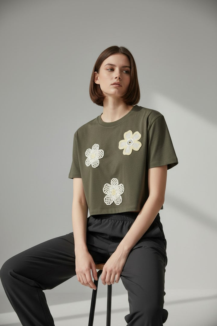 Crocheted Floral Appliqué Crop Top