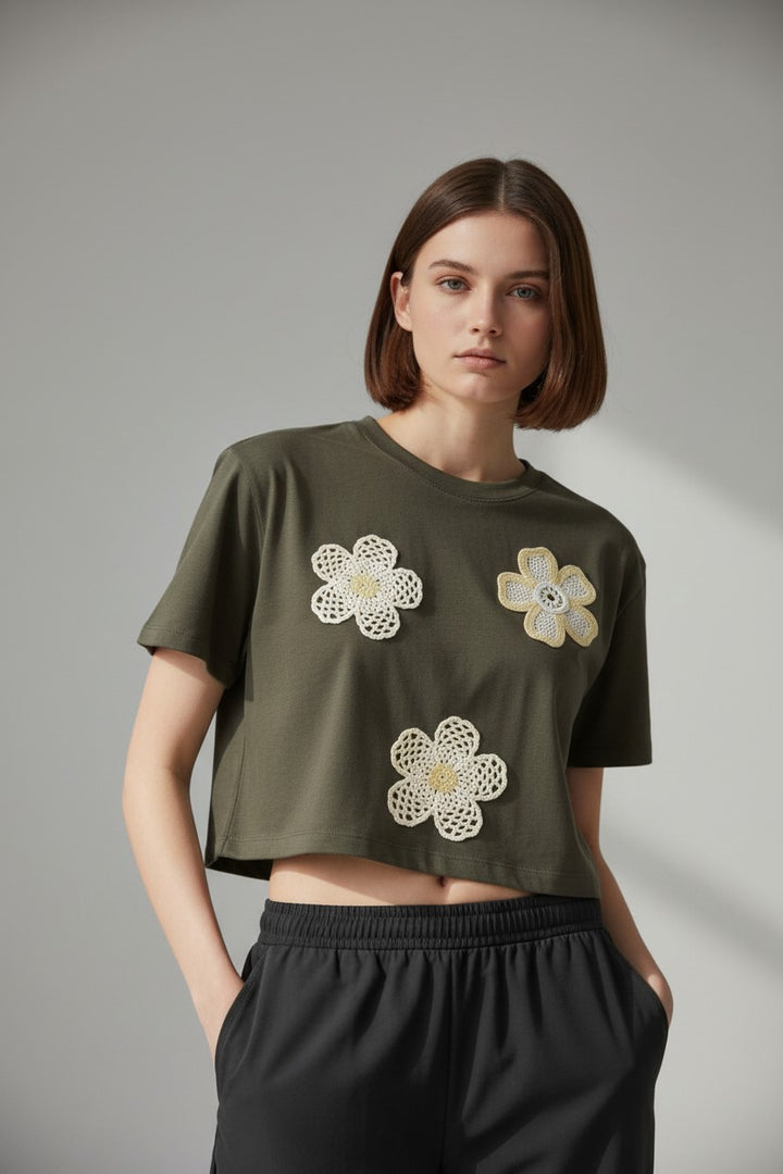 Crocheted Floral Appliqué Crop Top