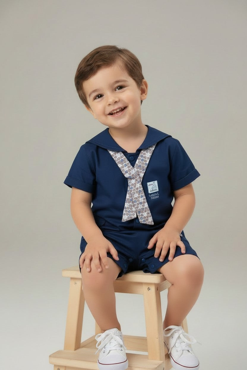 Little Sailor Nautical Collar Romper with Printed Mock Tie