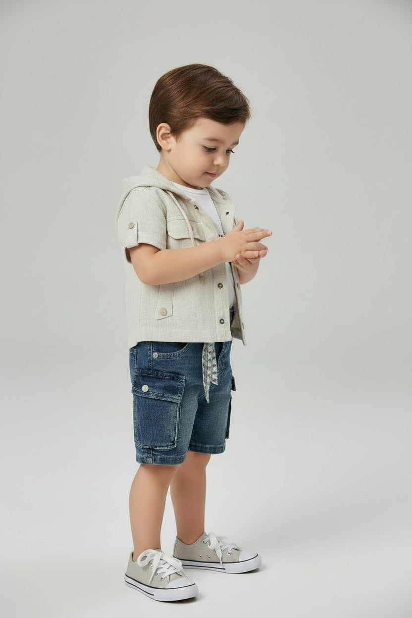Toddler Boy Linen Short-Sleeve Hooded Jacket & Cargo Denim Shorts Set