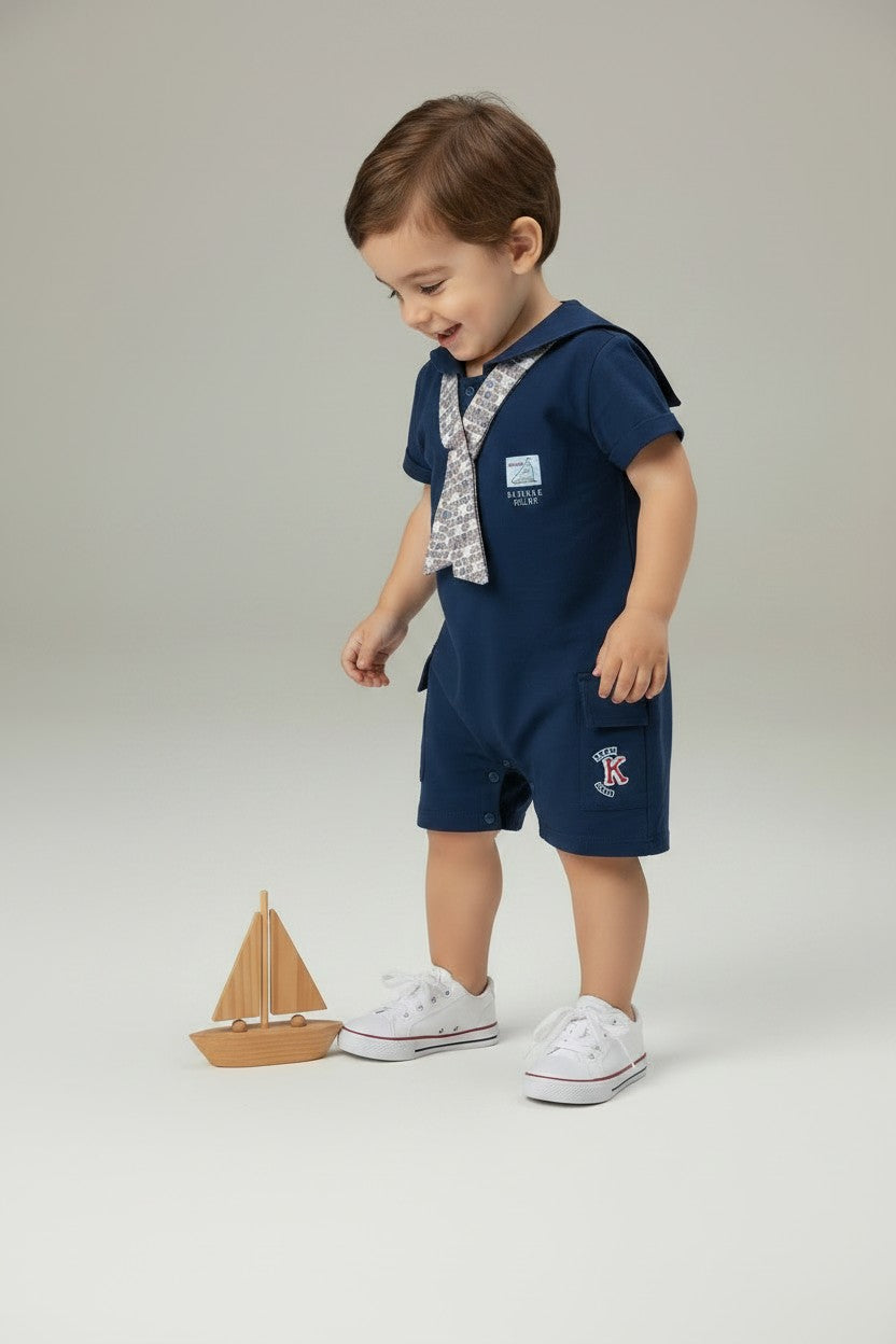 Little Sailor Nautical Collar Romper with Printed Mock Tie