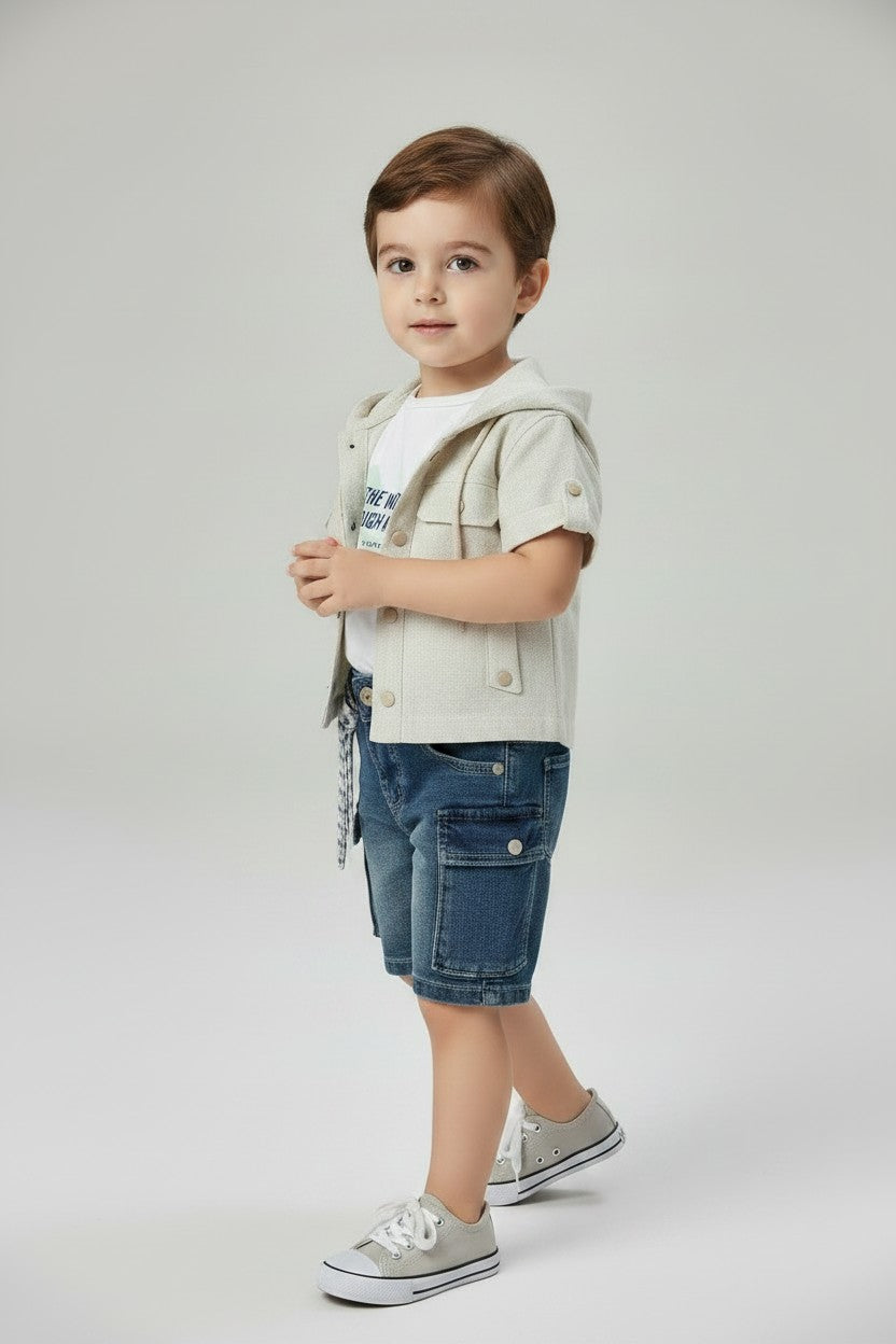 Toddler Boy Linen Short-Sleeve Hooded Jacket & Cargo Denim Shorts Set