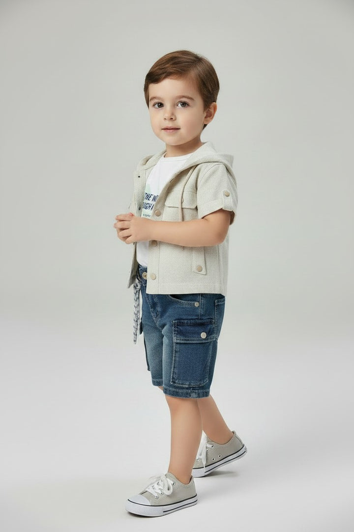 Toddler Boy Linen Short-Sleeve Hooded Jacket & Cargo Denim Shorts Set