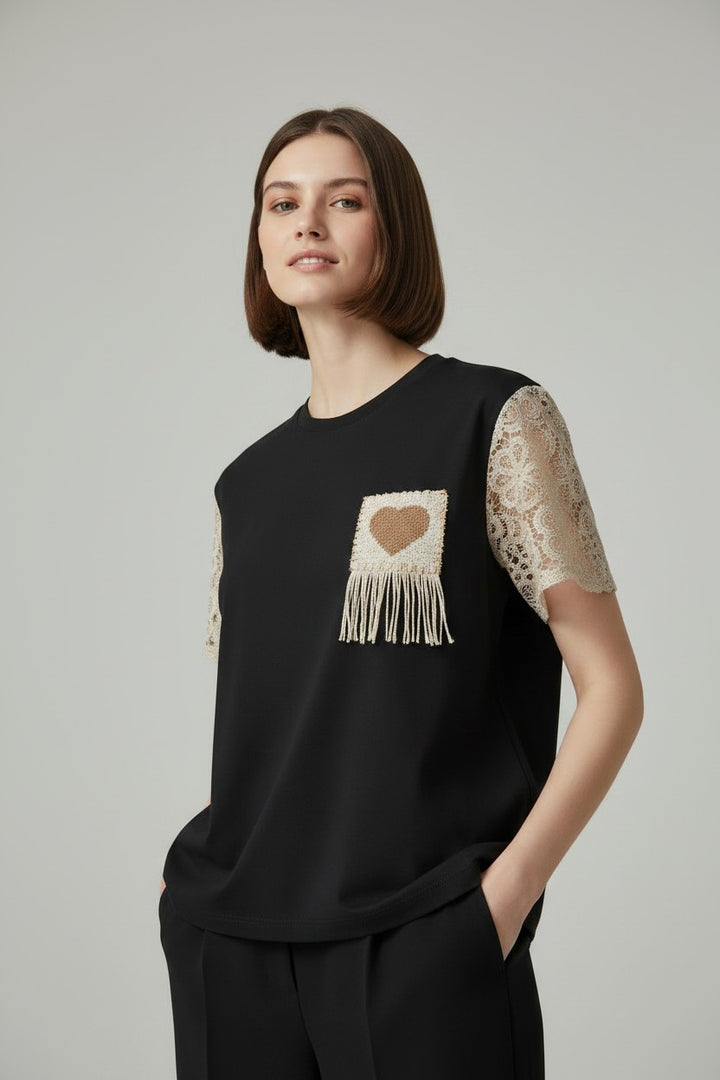 Heart Patch Crochet Sleeve T-Shirt