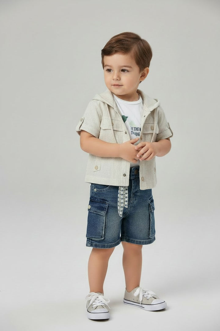 Toddler Boy Linen Short-Sleeve Hooded Jacket & Cargo Denim Shorts Set