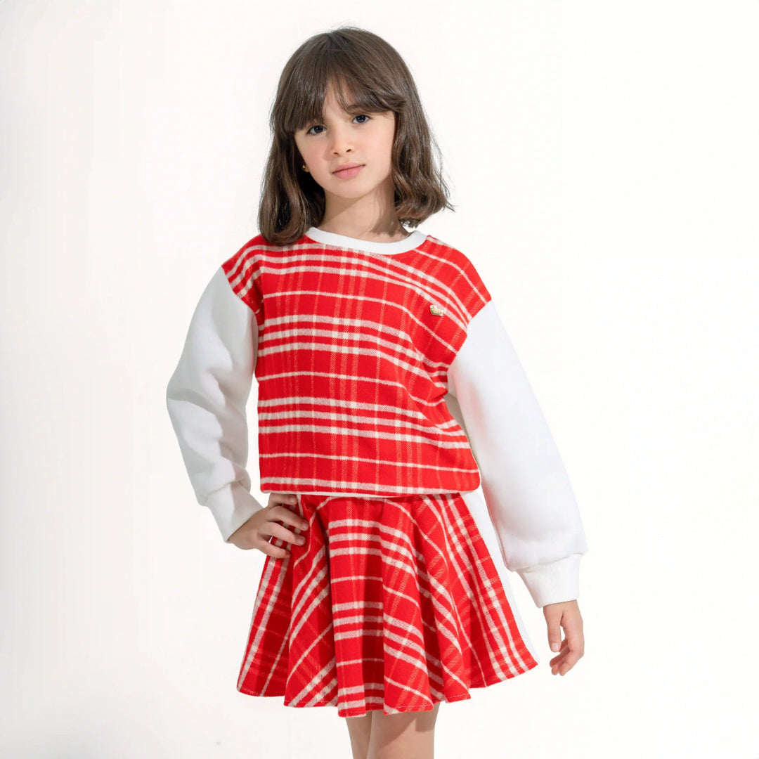 Plaid Contrast-Sleeve Skirt Set