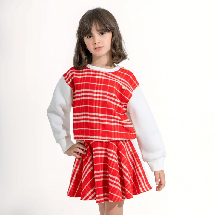 Plaid Contrast-Sleeve Skirt Set