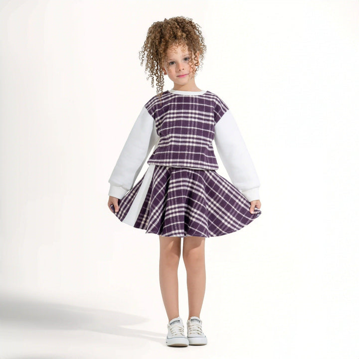 Plaid Contrast-Sleeve Skirt Set