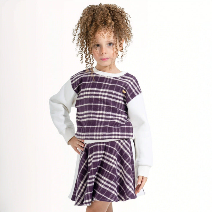 Plaid Contrast-Sleeve Skirt Set