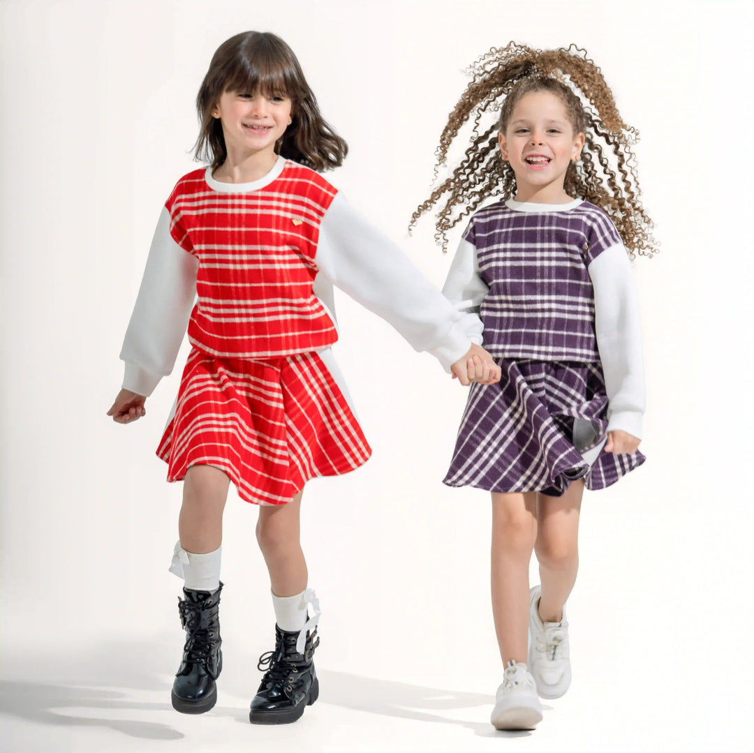 Plaid Contrast-Sleeve Skirt Set