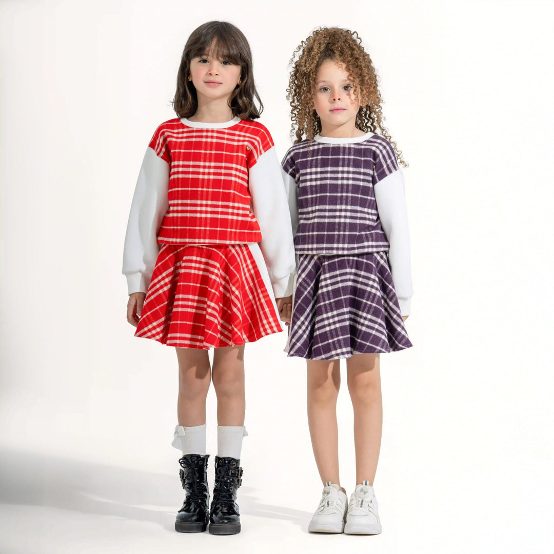 Plaid Contrast-Sleeve Skirt Set