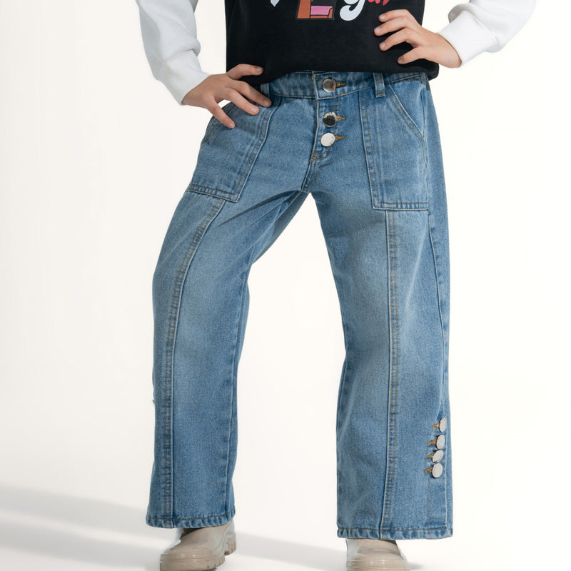 Wide-Leg Side Button Denim