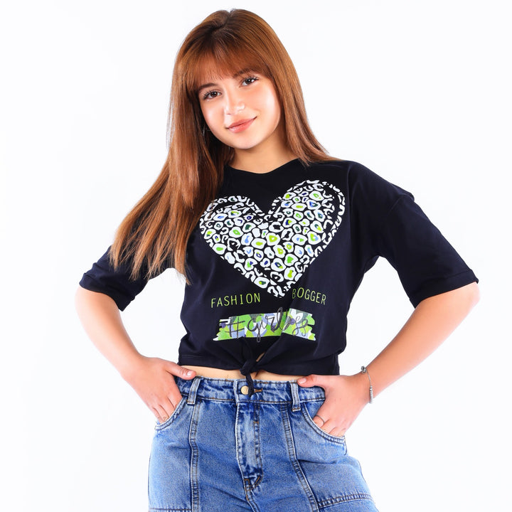 Girls' Leopard Heart Graphic Print Knot T-Shirt