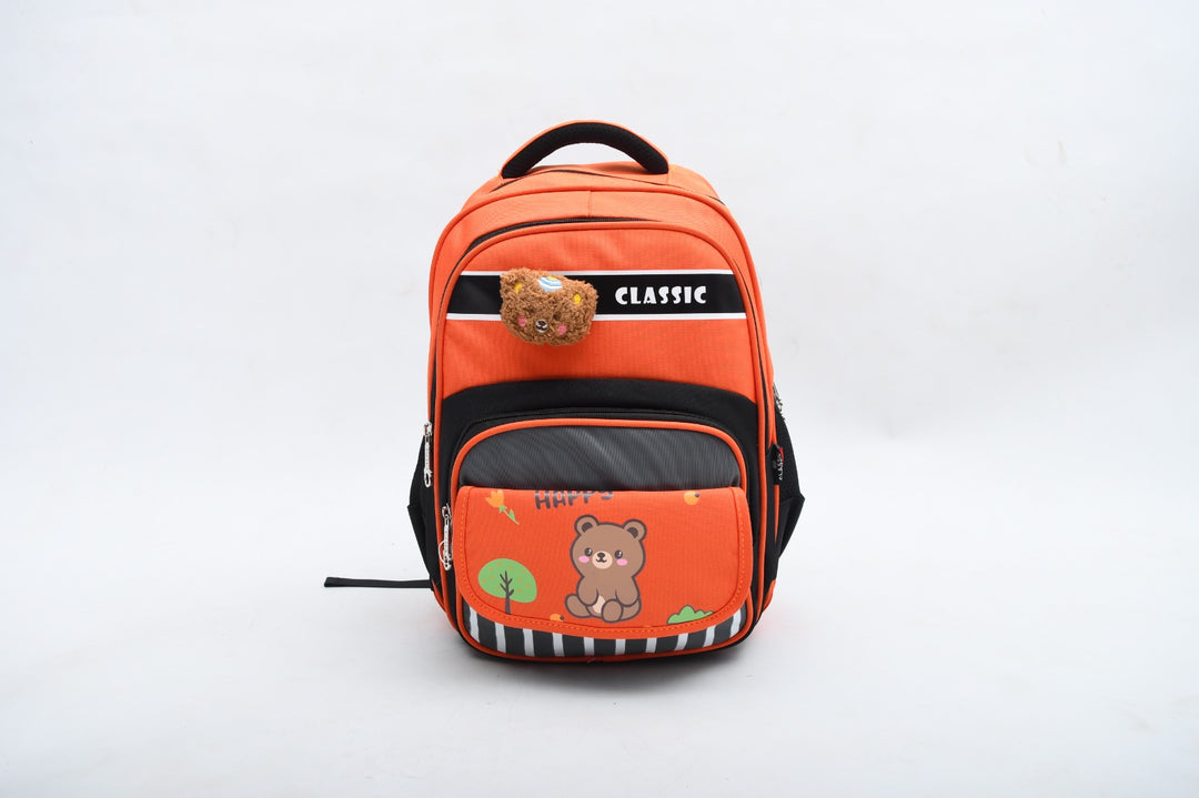 Cute Teddy Bear Print Kids School Backpack - Orange & Black