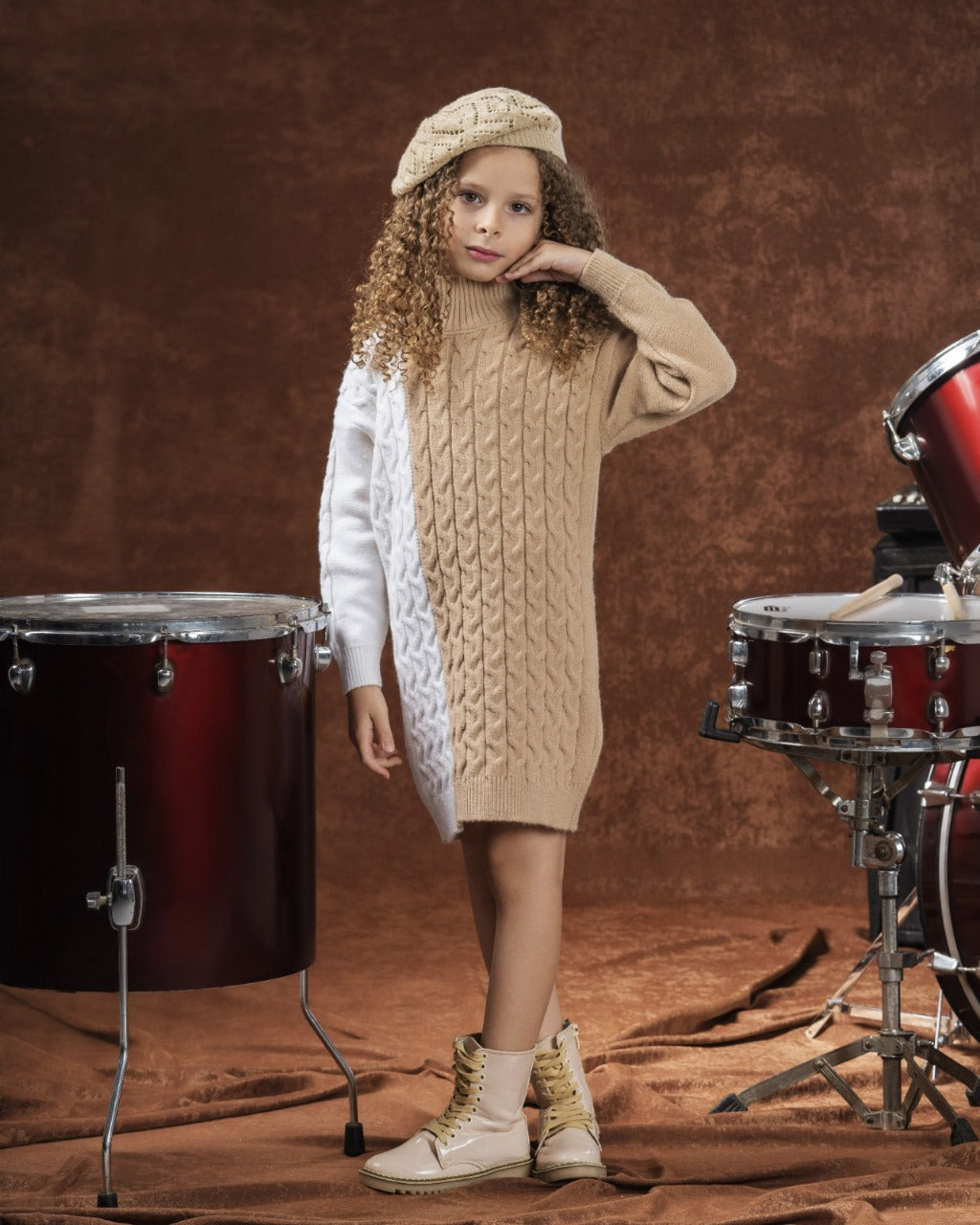 Two-Tone Cable Knit Sweater Dress