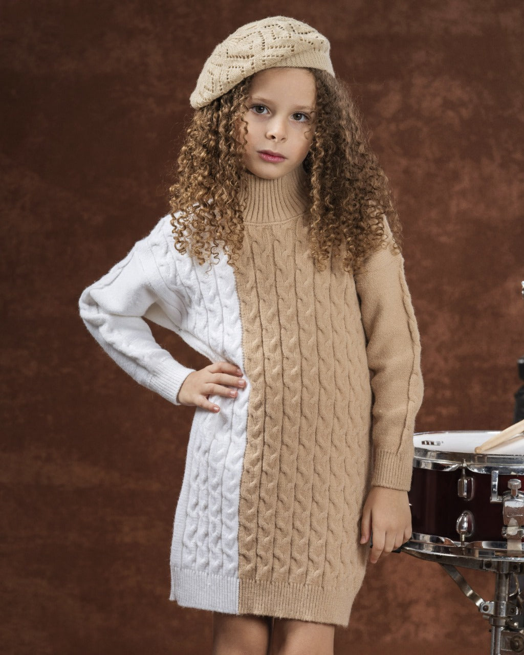 Two-Tone Cable Knit Sweater Dress