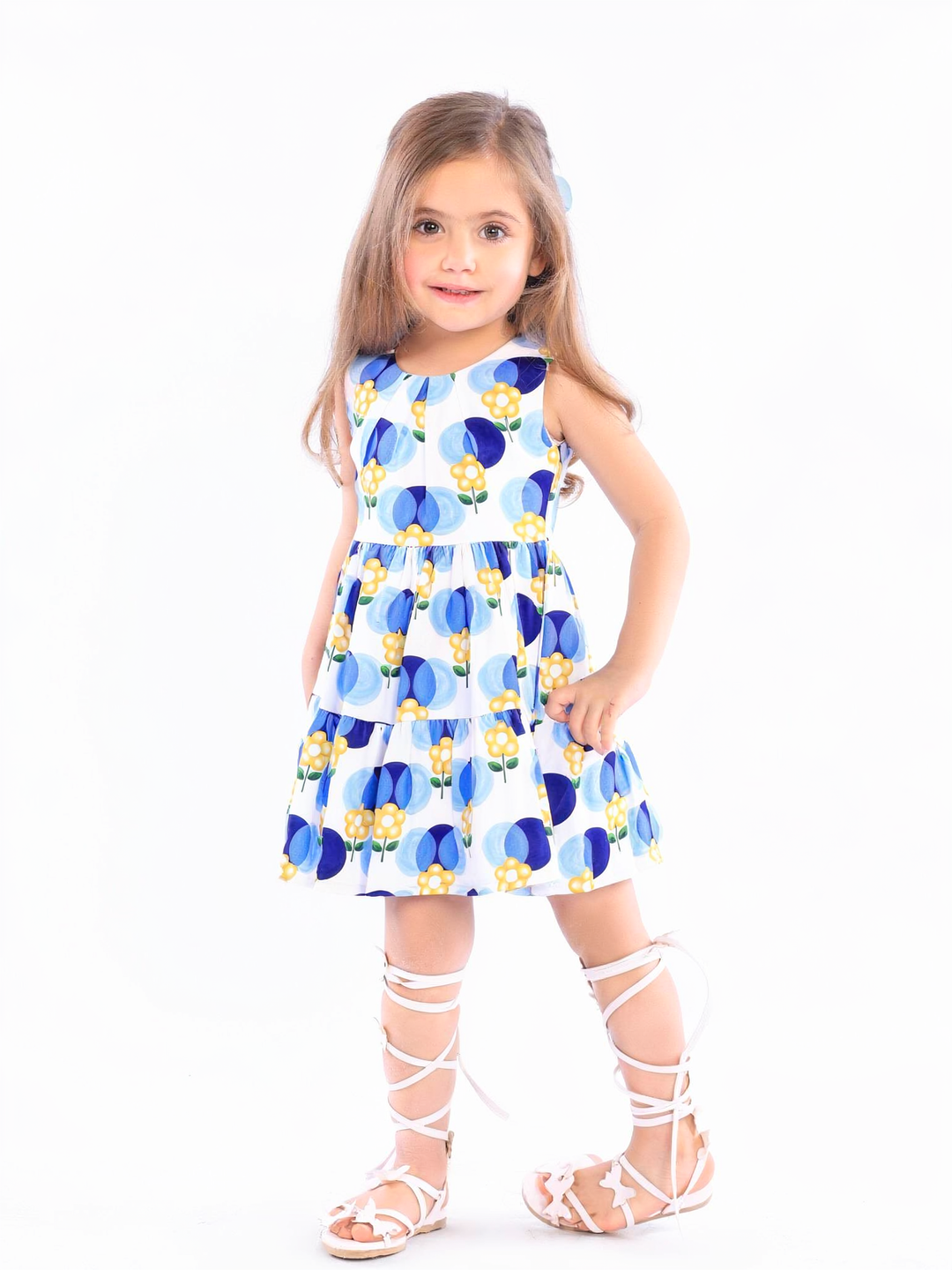 Blue Blooms Sleeveless Tiered Dress