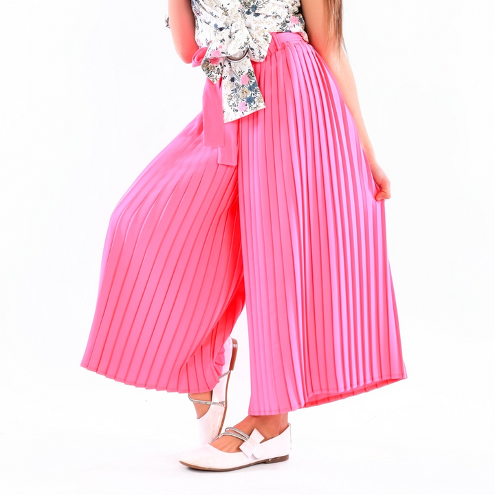 Girls' Pleated Wide-Leg Culottes with Self-Tie Belt